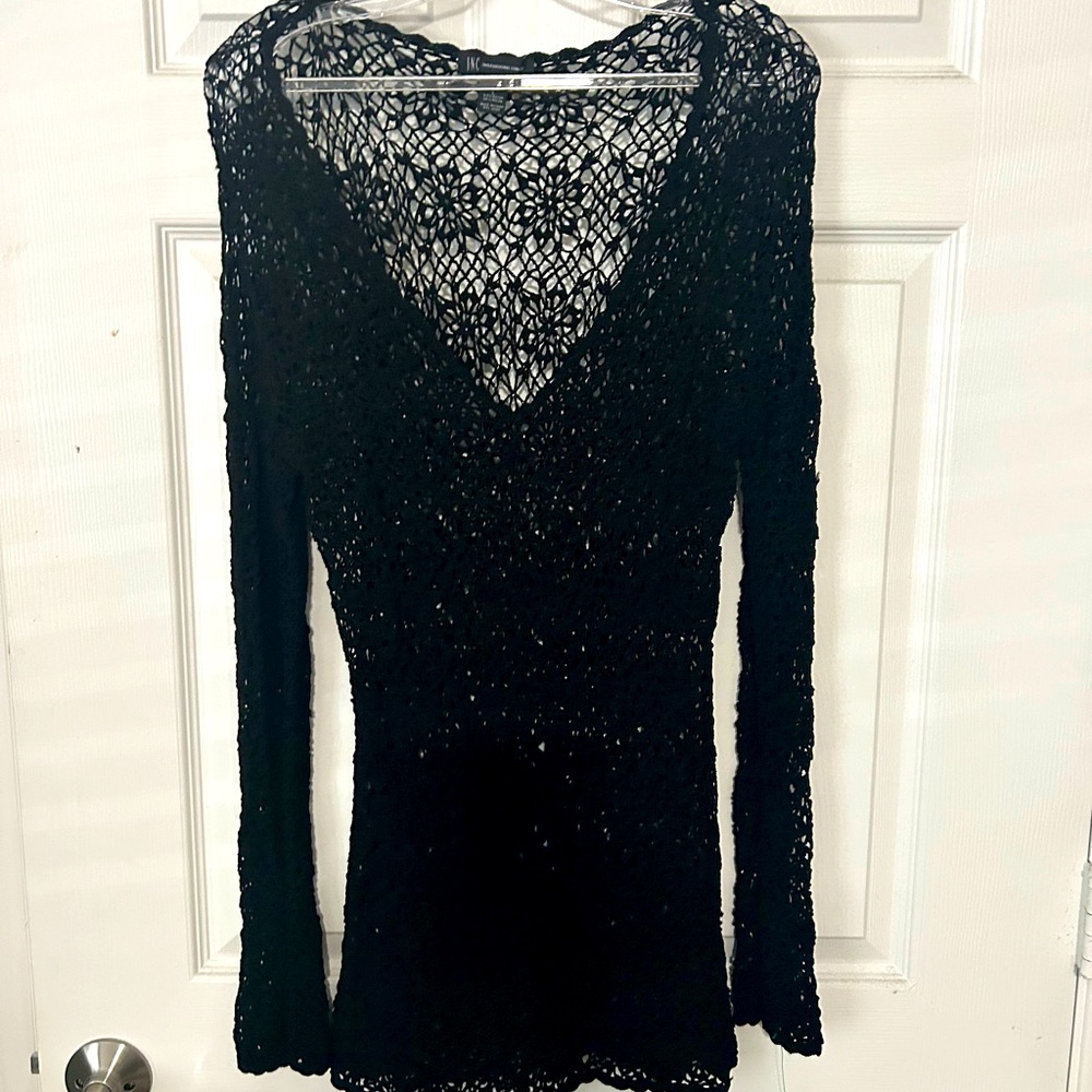 NWOT INC International Concepts Sexy Black Lace/Mesh Top, Long Sleeve, L